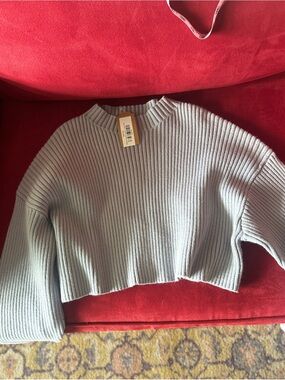 Cropped Ribbed Crewneck Sweater - Light Blue
